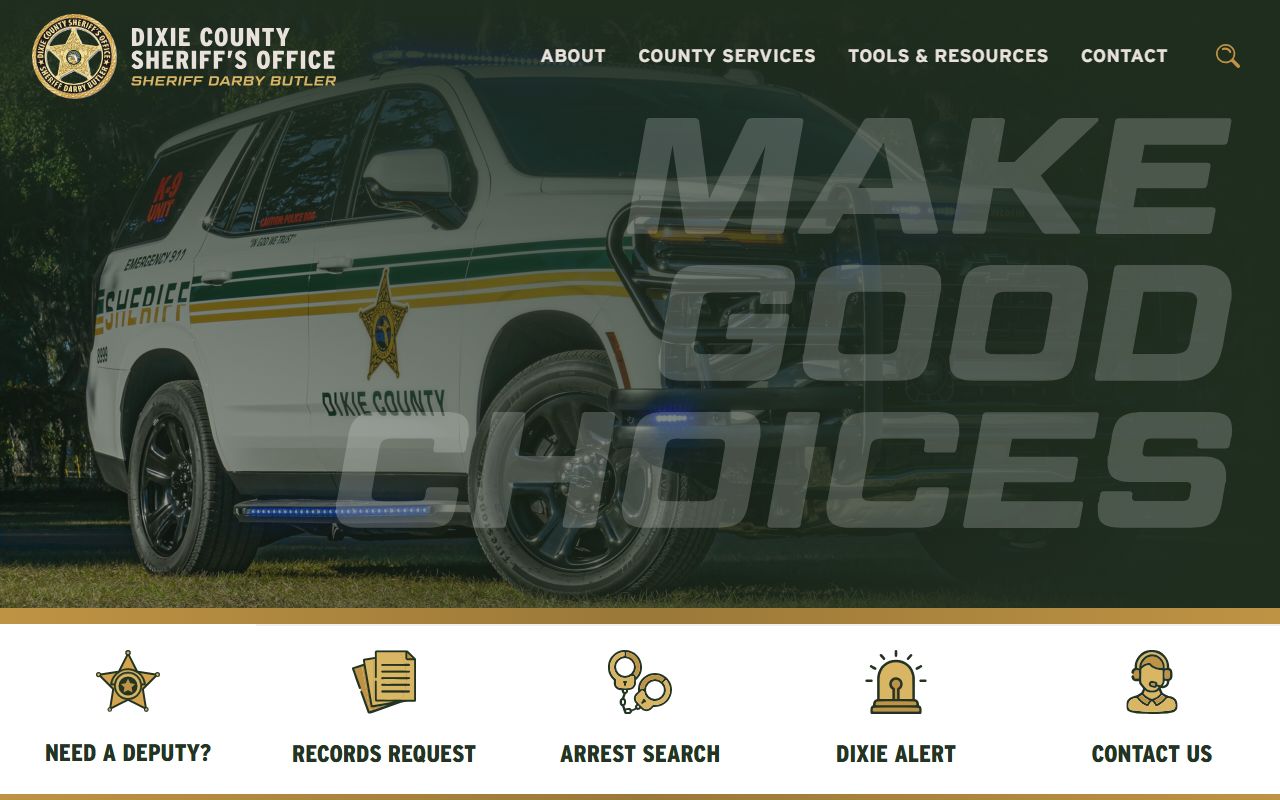 Dixie County Sheriff's Office homepage with jail and inmate search links