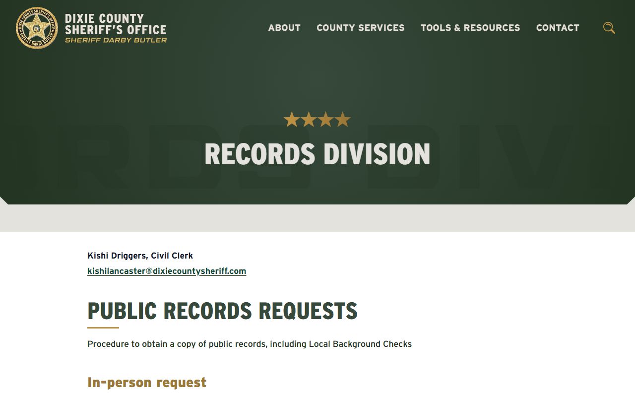 Dixie County Sheriff records division public-records request page