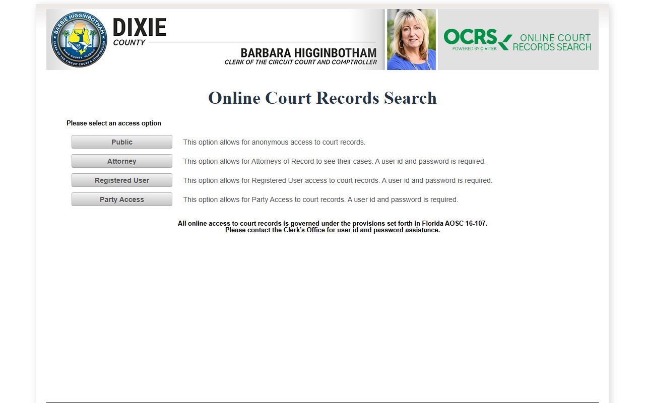 Dixie County OCRS court records search access screen