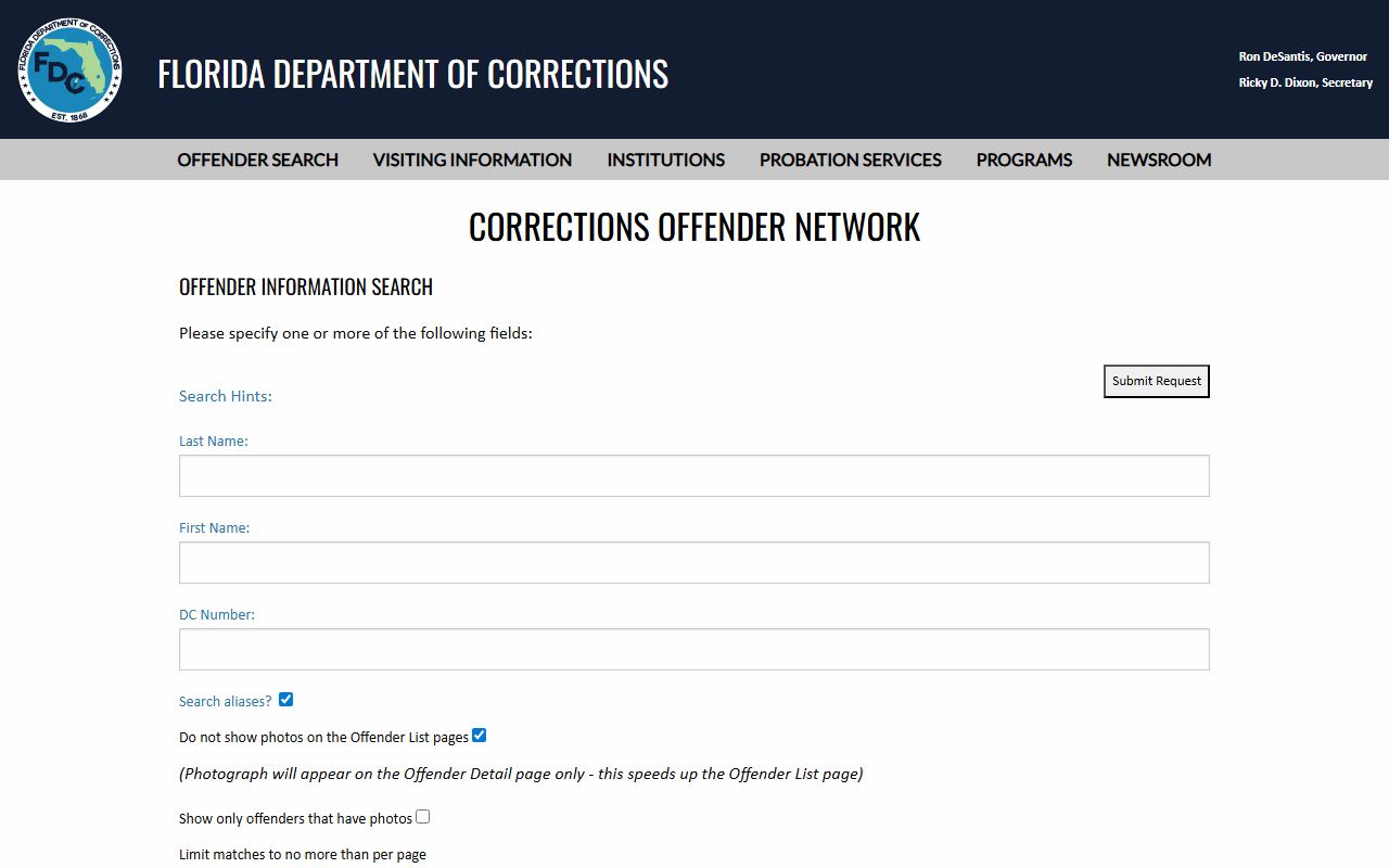 Florida Department of Corrections offender search for Dixie County state prisoners