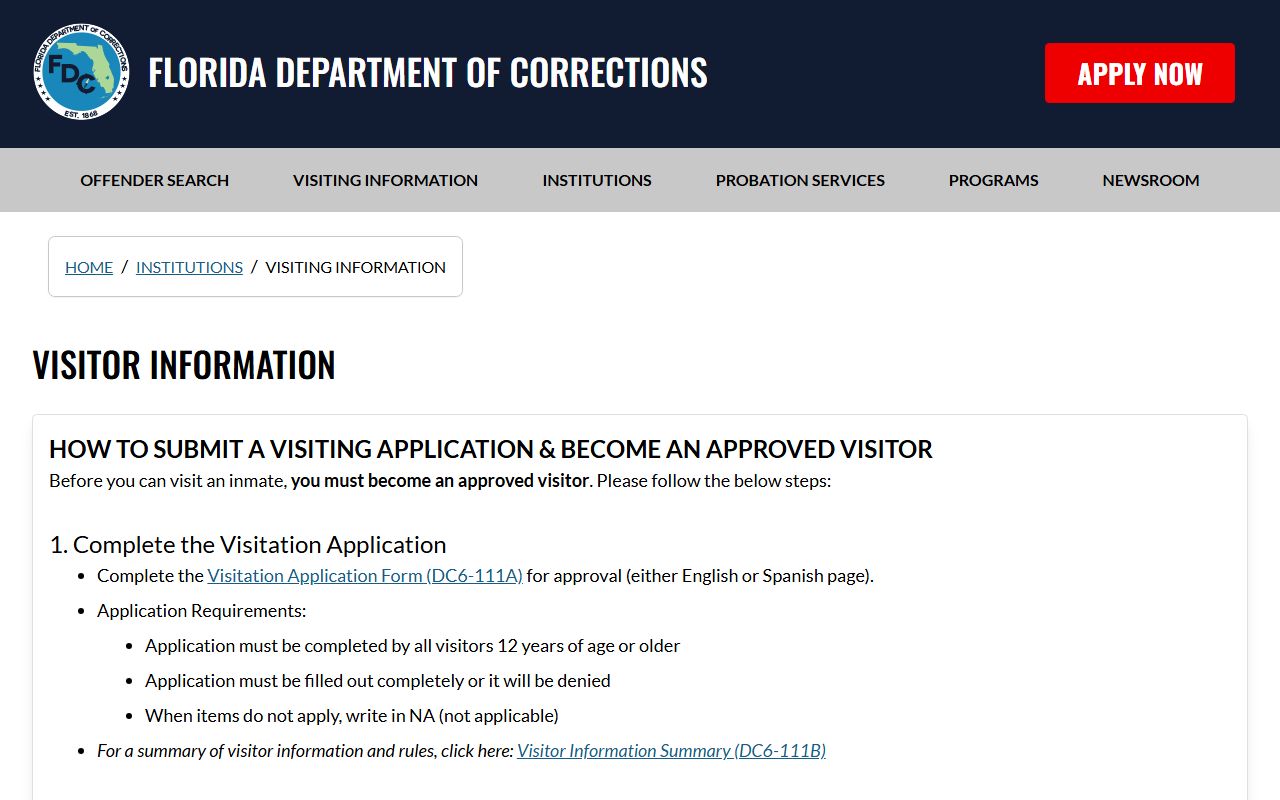 Florida DOC visitation rules for Cross City Correctional Institution